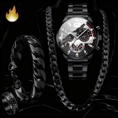 Men's Watch Set 4pcs - Quartz Analog Wristwatch with Date Display, Alloy Case & Strap, Glamorous Round Dial, Casual Fashion Watch Bundle Gift for Men, Christmas Valentine Birthday
