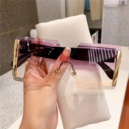 Oversized Frameless Glasses Women Gold Frame Retro Square Fashion Eyewear with Case Lightweight Unisex Events Halloween Christmas Gift Golden Tea Blue Purple Pink