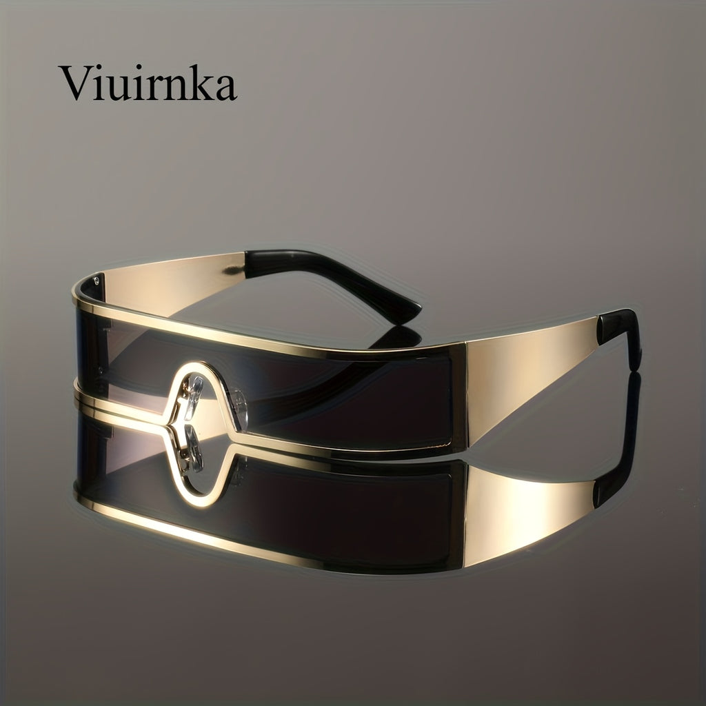 VIUIRNKA Men's Fashion Glasses, Cyberpunk Metal Wraparound Frame, Wide Temple Futuristic Design with Case, Lightweight Street Style Fashion, Perfect for Halloween & Christmas Gift Giving, Cool Quality Event Wear