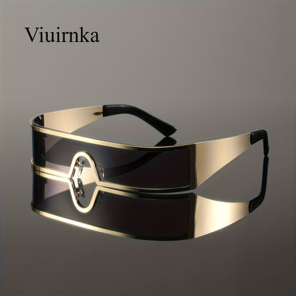 Cyberpunk Metal Wraparound Glasses for Men – Wide Temple Futuristic Design with Case, Lightweight Street Style Fashion Eyewear, Perfect Halloween & Christmas Gift for Cool Event Wear