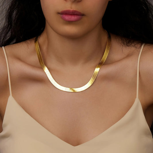 Women's 14K Gold Plated Stainless Steel Thick Herringbone Necklace- Elegant& Serpentine Chain Collar, Durable Everyday& Party Jewelry, Perfect Christmas Valentine's Gift for Women, Year-Round Versatile Statement Piece
