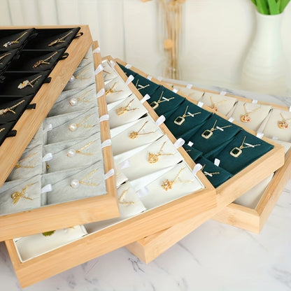 Jewelry Tray Bamboo Wood 24 Grid – Large Capacity Necklace & Pendant Display Rack, Elegant Home Storage Organizer for Earrings, Gift for Mom