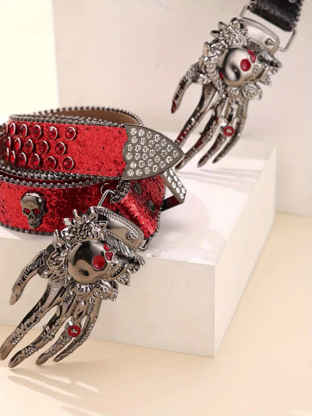 Unisex Punk Style Belt with Hand Skull Design - Edgy Rhinestone-Embellished Faux Leather Belt for Halloween, Parties & Daily Wear - Multi-Color Options, Standard Size, Party Fashion Accessory, Bold Statement Piece
