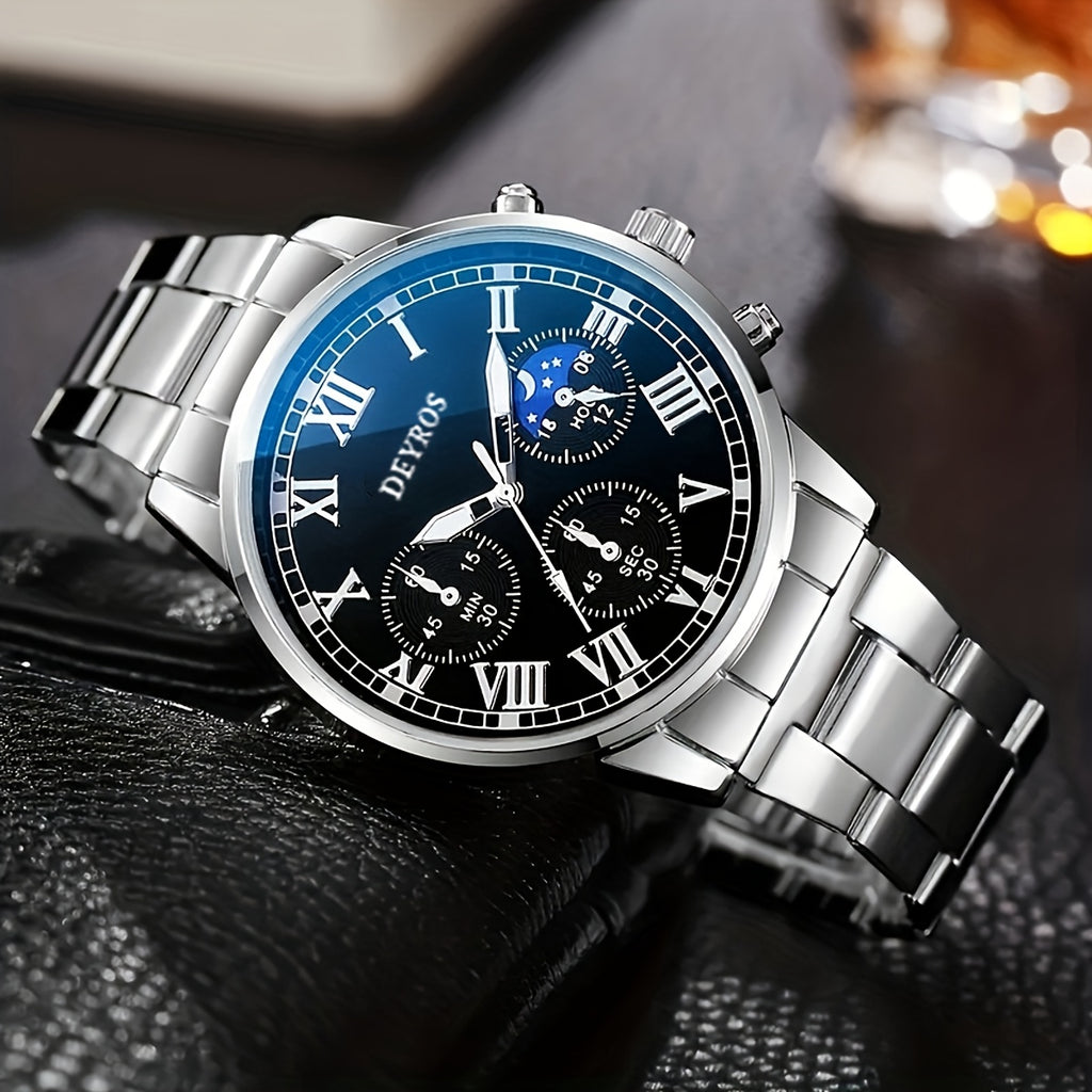 Set of 3 Men'S Stainless Steel Timepieces - Business Chronograph Quartz Watch with Coordinating Necklace And Bracelet, Analog World Time Function, Perfect for Professional And Formal Events, Great Gift Idea