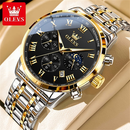 OLEVS Men's Luxury Dress Watch – Stainless Steel Chronograph, Moon Phase, Roman Numerals Analog Quartz Wristwatch, Elegant Gift for Him