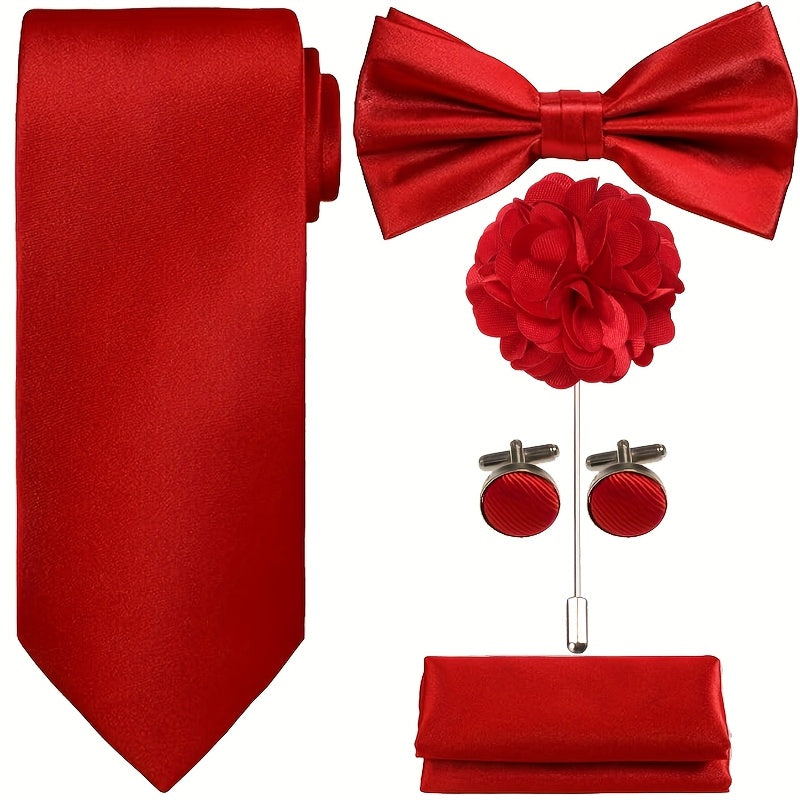 Set of 5 Ties in a Box, Featuring a Solid Color Necktie, Satin Bow Tie, Pocket Square, Lapel Pin, And Cuff Links for Weddings, Formal Gatherings, And Business Events - High-Quality, Versatile, And Fashionable Additions