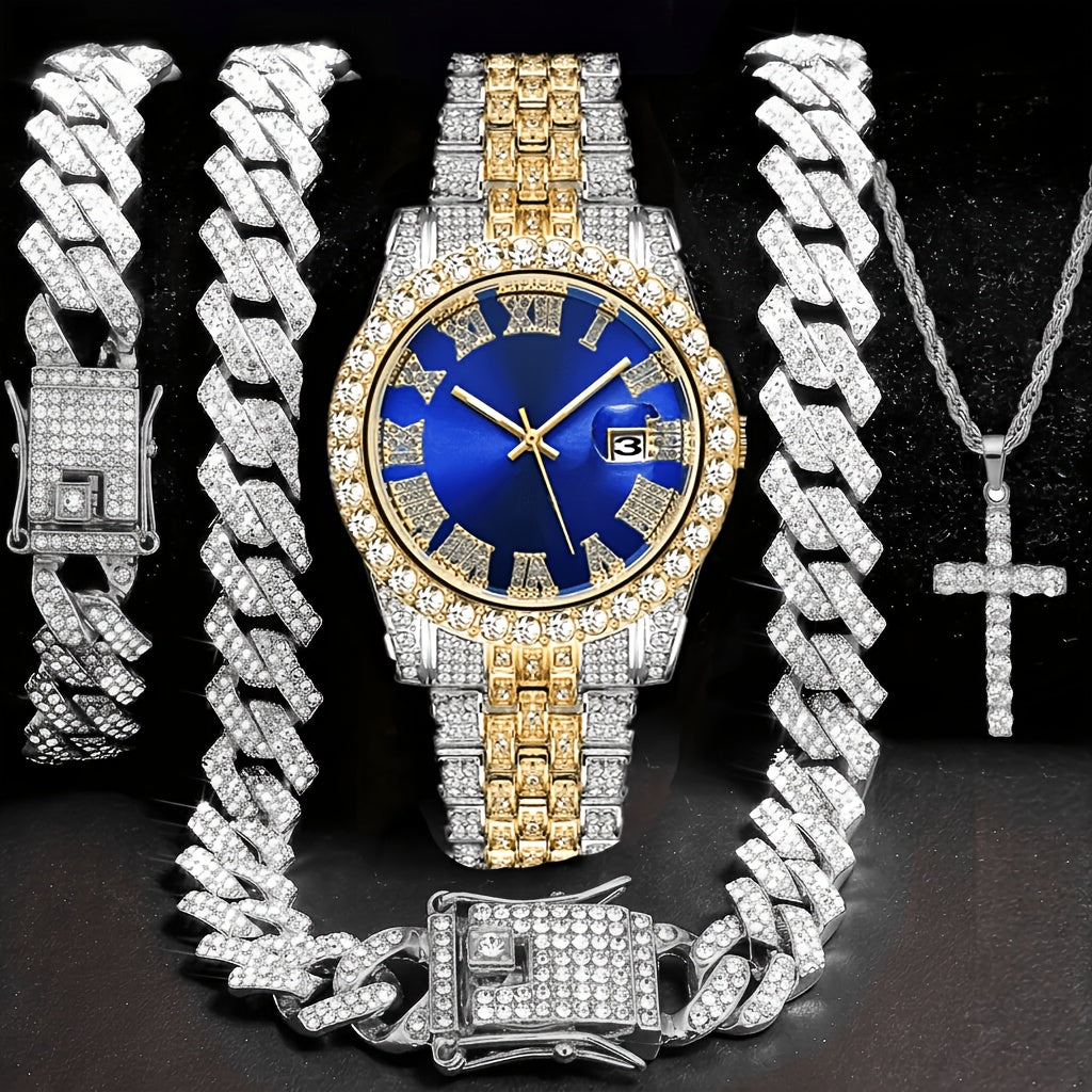 Men's Watch & Jewelry Gift Set 4pcs - Luxury Gold Quartz Watch with Rhinestone, 14mm Cuban Chain Necklace, Bracelet & Cross Pendant, Perfect Birthday Father's Day Wedding Gift for Men
