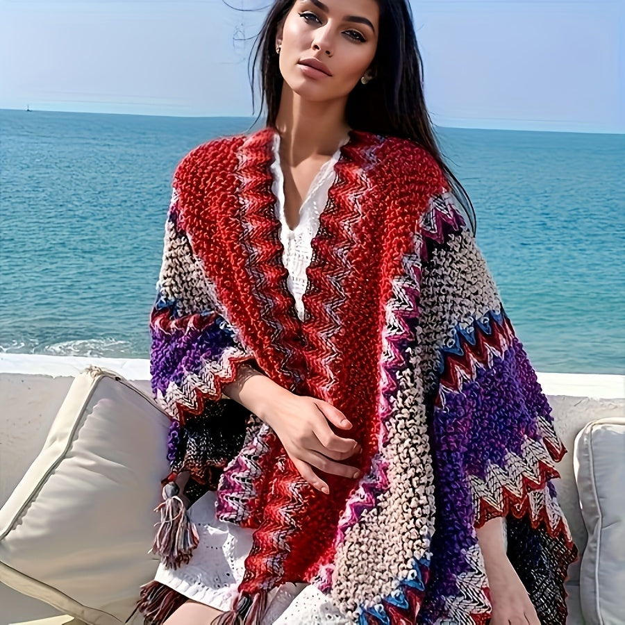 Ethnic Style Shawl, Women's Seasonal Outdoor Scarf, Travel Shawl, Retro Cape, Tassel Scarf, Vacation Outfit, Women's Air-conditioned Shirt