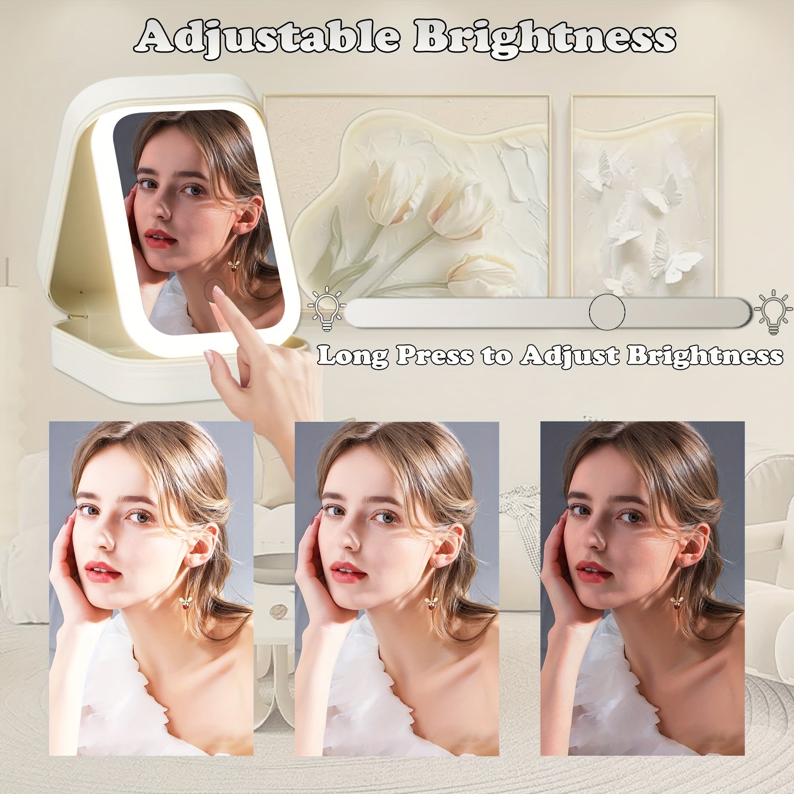 Jewelry Box, Travel Makeup Bag With LED Mirror, LED Three-Color Adjustable Makeup Mirror, Three Colors Brightness Adjustable Makeup Mirror With Lights, Rechargeable Lighted Makeup Mirror, Wedding, Anniversary Bridal Gifts, Mother'S Day Gifts