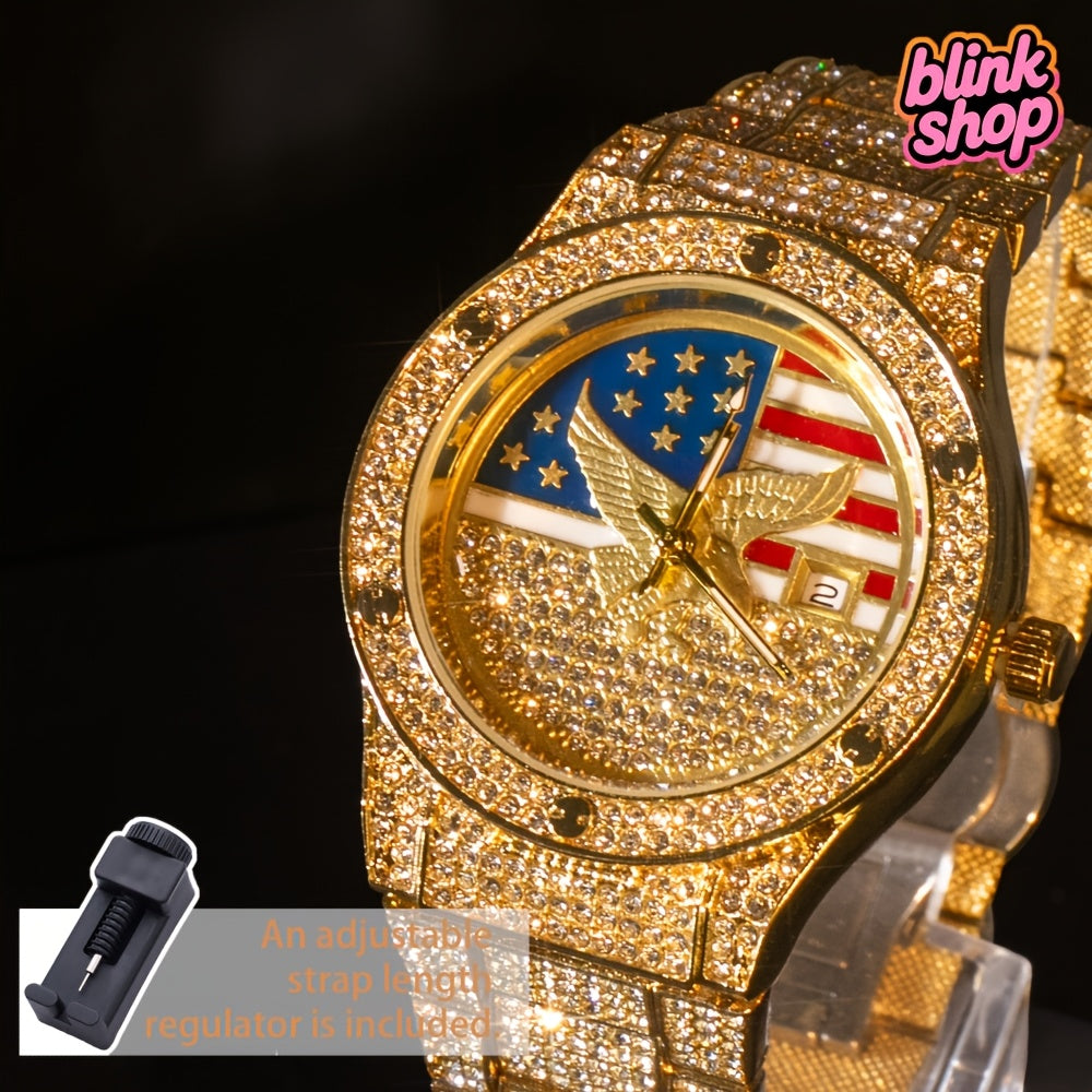 Stylish Men's Watch, New Style, Synthetic Rhinestone Strap, Hip Hop Large Dial, Individualistic Mechanical Watch with Steel Strap Design, Free American Classic Men's Watch, Party Watch, Gift for Women to Men, Jewelry