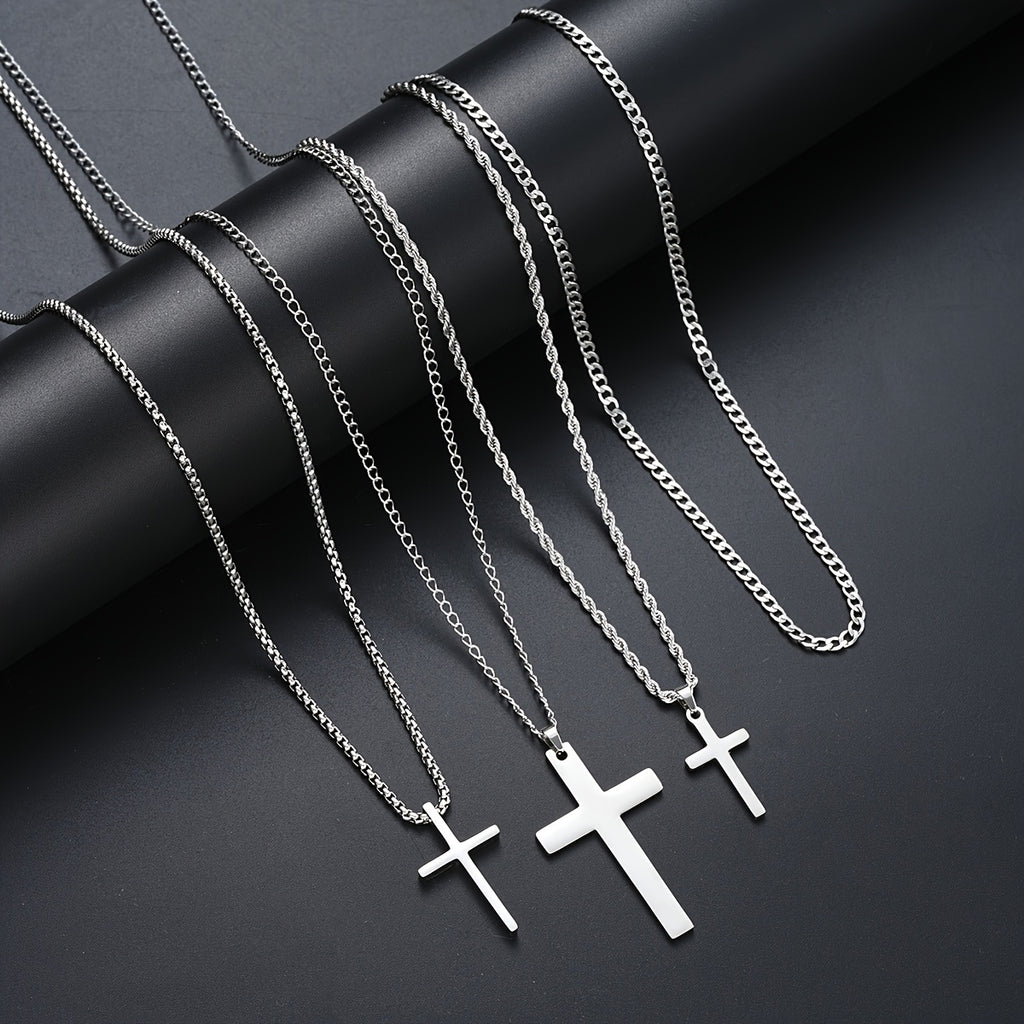 4pcs Men's Fashion Stainless Steel Cross Pendant Necklaces, Twisted Cuban Link Chain, Casual Streetwear, Vacation & Date Gift, Party Accessory, No Magnetic - 201 Stainless Steel