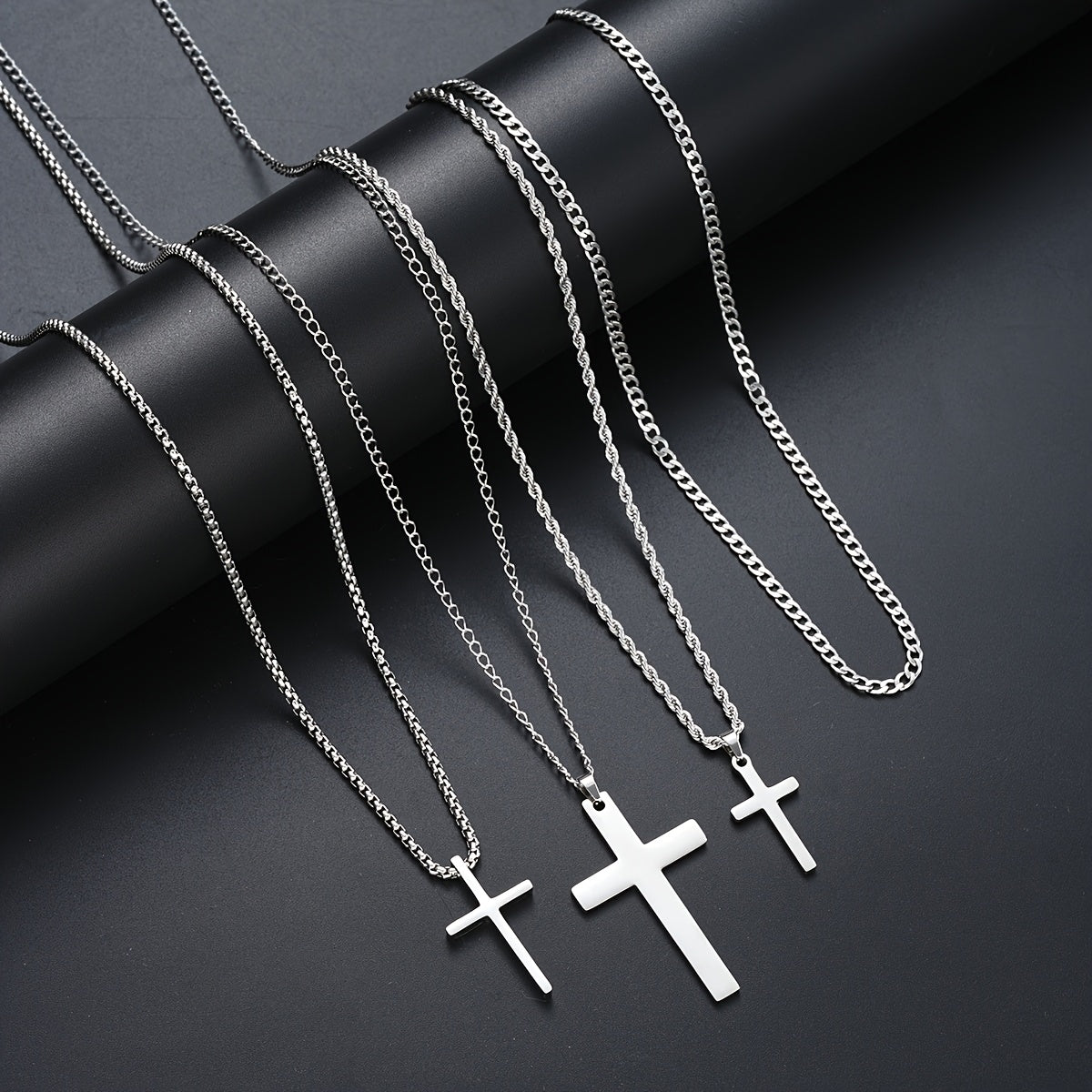 4pcs Men's Fashion Stainless Steel Cross Pendant Necklaces, Twisted Cuban Link Chain, Casual Streetwear, Vacation & Date Gift, Party Accessory, No Magnetic - 201 Stainless Steel
