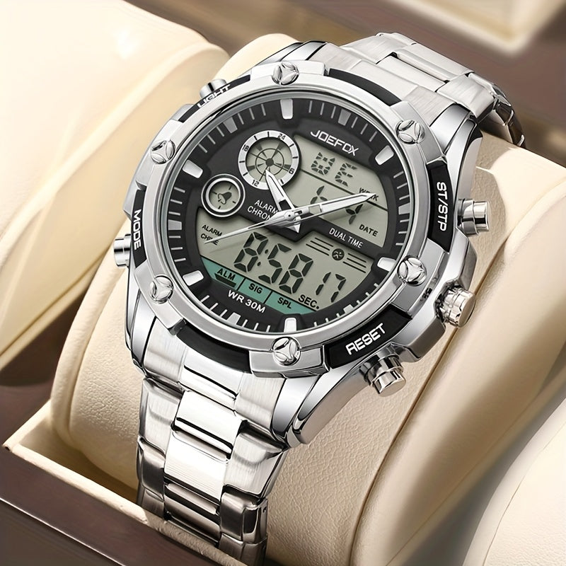 [Sport Wristwatch For Men] JOEFOX Men's Large Display Digital Watch - Stainless Steel Band, LED Backlight, 3ATM Waterproof, Chronograph, Alarm, Modern Sport Wristwatch For Men