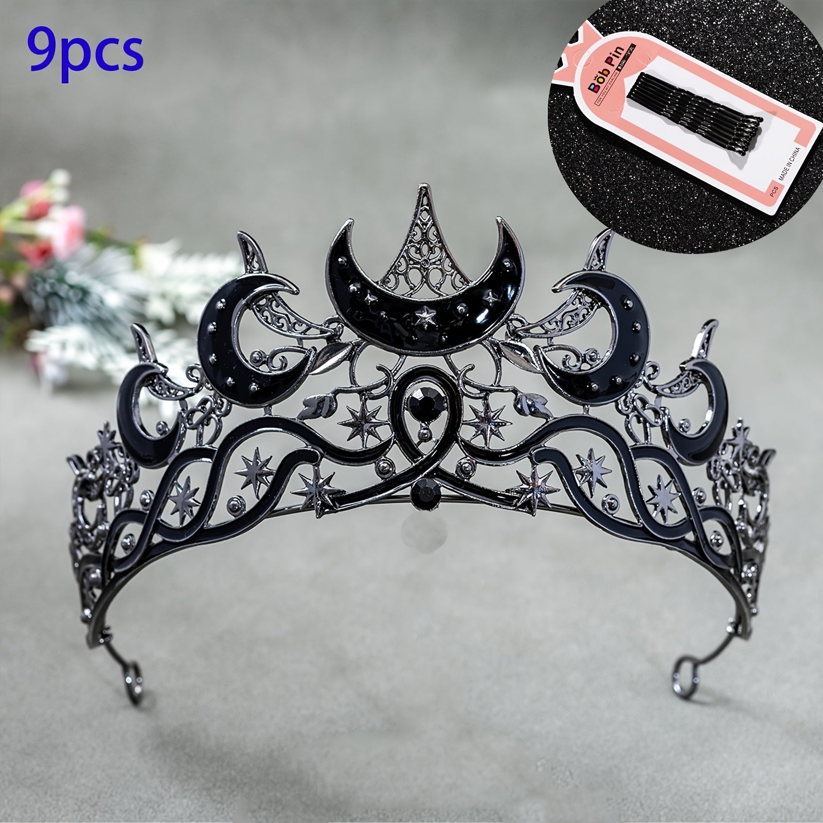 Crown Featuring a Gothic Black Crescent Moon Design for Both Men And Women, Adorned with Stars. This Dark Aesthetic Tiara Is Perfect for Witch, Pagan, Or Wiccan Themes, Ideal for Halloween Cosplay, Costume Parties, Stage Performances, Weddings