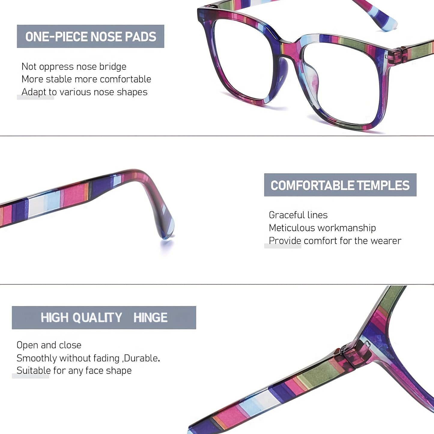 Reading Glasses 5-Pack Rectangular Color-Block Striped Temple Design Unisex Fashionable Comfortable Readers for Men and Women Magnification 1.0x to 4.0x Daily Office Use