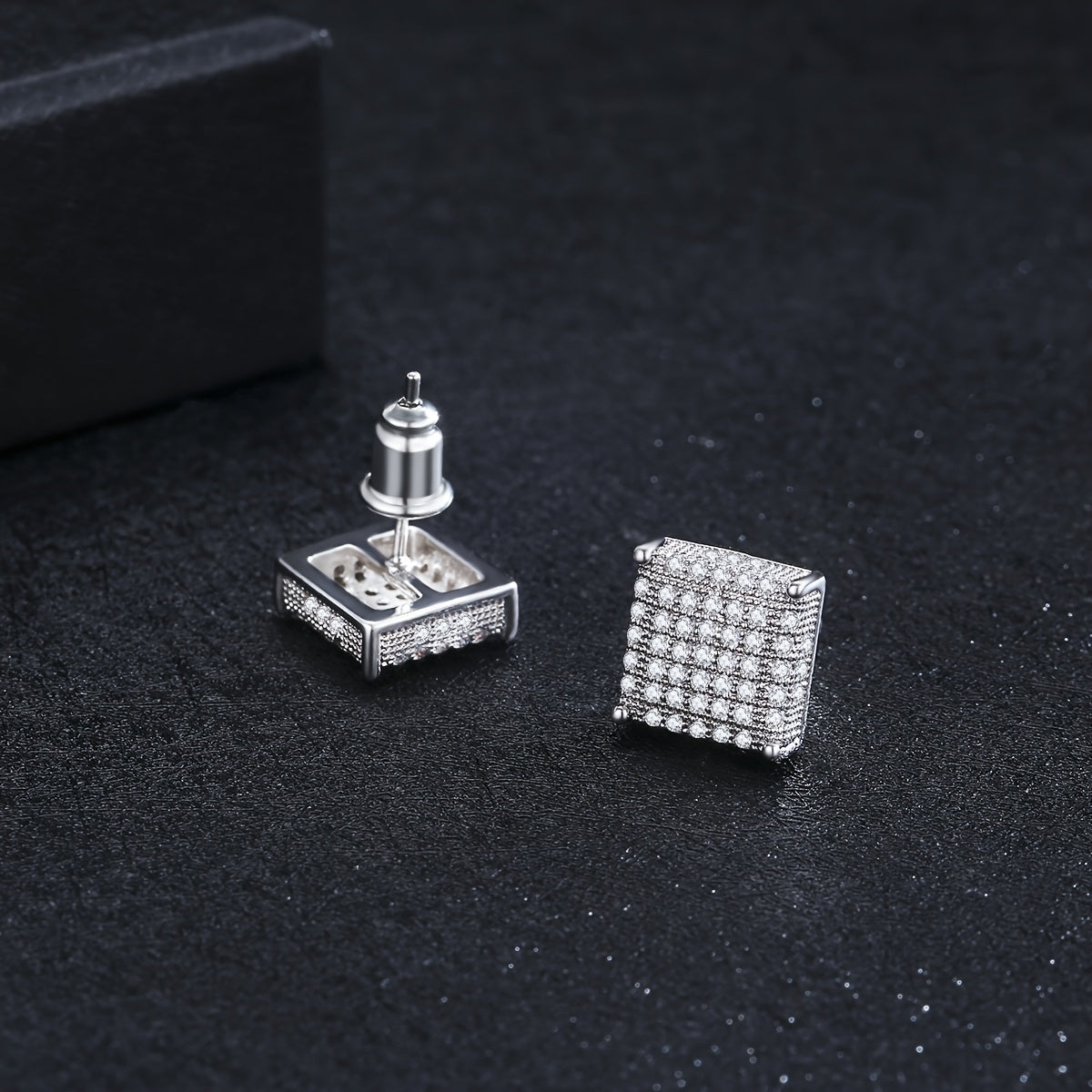 Men's Iced Out Square CZ Stud Earrings – Hip Hop Cubic Zirconia Copper Bling Earpin Streetwear Silver Black Cool Gift for Him