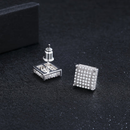 Men's Iced Out Square CZ Stud Earrings – Hip Hop Cubic Zirconia Copper Bling Earpin Streetwear Silver Black Cool Gift for Him