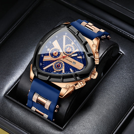 Men's Triangular Dial Quartz Watch – Unique Luxury Design, Silicone & Steel Band, Date Chronograph, Business Casual Wristwatch, Gift for Him