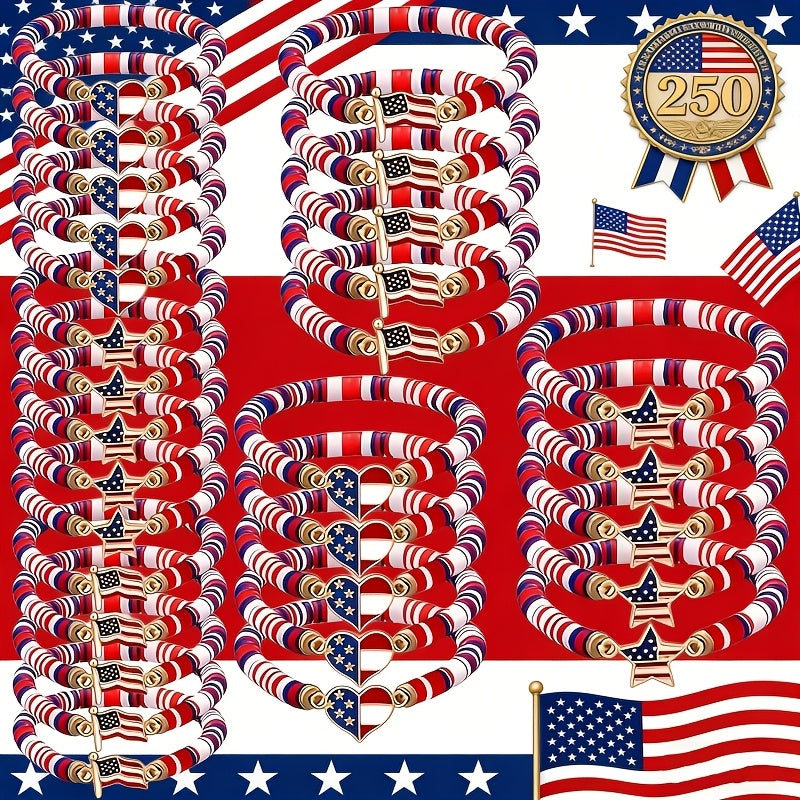 Patriotic Stretch Bracelets Bulk Red White Blue Polymer Clay Bead Bohemian Retro Women 4th of July Party Favors Everyday Wear Gift Set 15pcs 30pcs