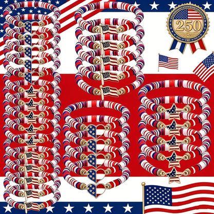 Patriotic Stretch Bracelets Bulk Red White Blue Polymer Clay Bead Bohemian Retro Women 4th of July Party Favors Everyday Wear Gift Set 15pcs 30pcs