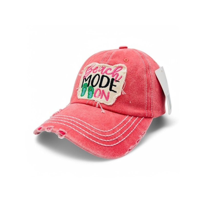 Beach Mode On Vintage Distressed Embroidered Baseball Cap For Women - 100% Cotton, Breathable, Casual, Adjustable, UV Protection