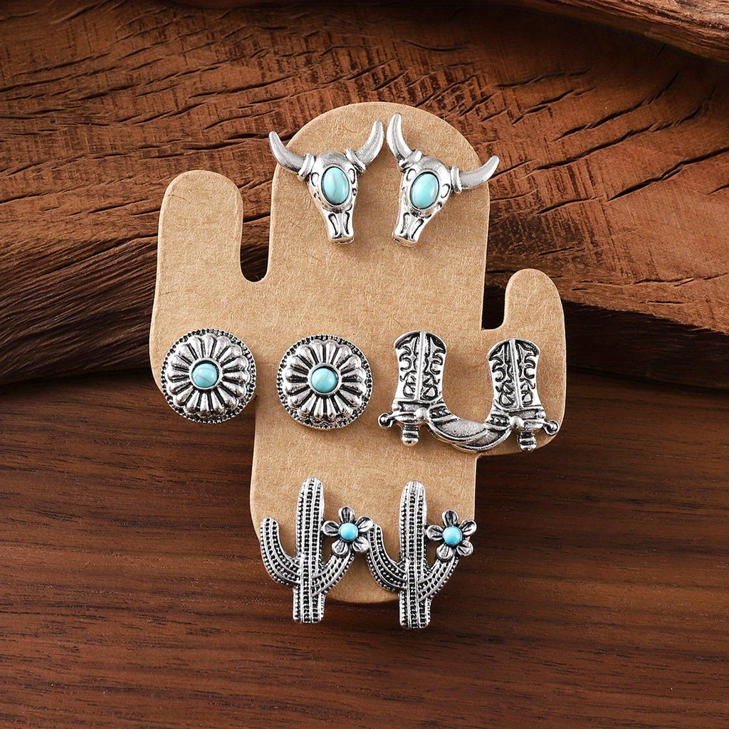 Western Style Stud Earrings Set 20 Pairs - Turquoise Cowgirl Earrings with Bull Skull, Horseshoe, Cactus, Cowboy Boot, Flower & Heart Designs, Boho Country Jewelry Gift for Women & Girls