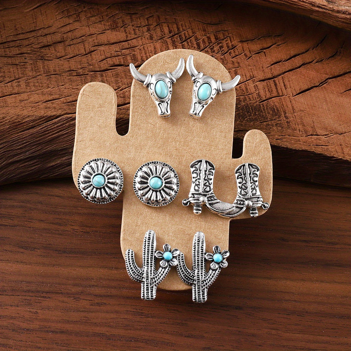 20 Pairs Western Style Stud Earrings Set - Vintage Turquoise Bull Skull, Flower, Horseshoes, Cactus, Heart, Cowboy Boot Designs for Daily Wear, Gift for Her