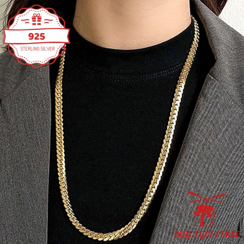 Gold Chain Necklace 24K Gold Plated 925 Sterling Silver 5mm Flat Lace Chain Necklace Unisex Hip Hop Jewelry 18 20 22 24 Inch Gift for Her