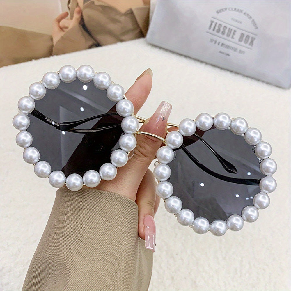 1pc New Round Frame Ladies Full Frame Pearl Glasses Design Sense Wave Shape Temple Fashion Golden Style Photo Gift Glasses Perfect for Summer Festival, Party Holiday Gift, Birthday Gift