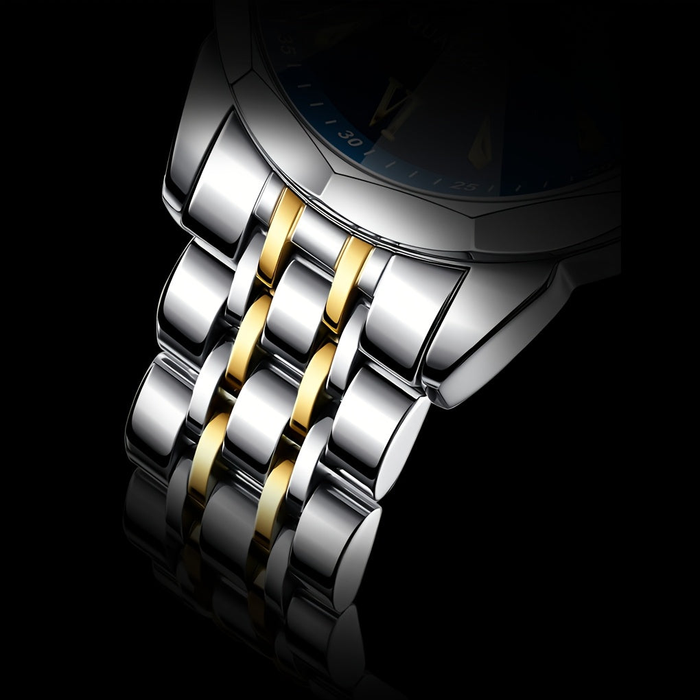 Men's Multifunction Sport Watch | Stainless Steel Luminous Quartz Wristwatch with Date Display, Luxury Dress Sport Watch for Men in Gold, Blue, Gray & White