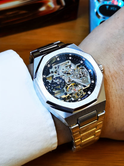 FORSINING Skeleton Tourbillon Automatic Mechanical Watch for Men – Luminous Hands, Stainless Steel Band, Irregular Case, Luxury Business Gift