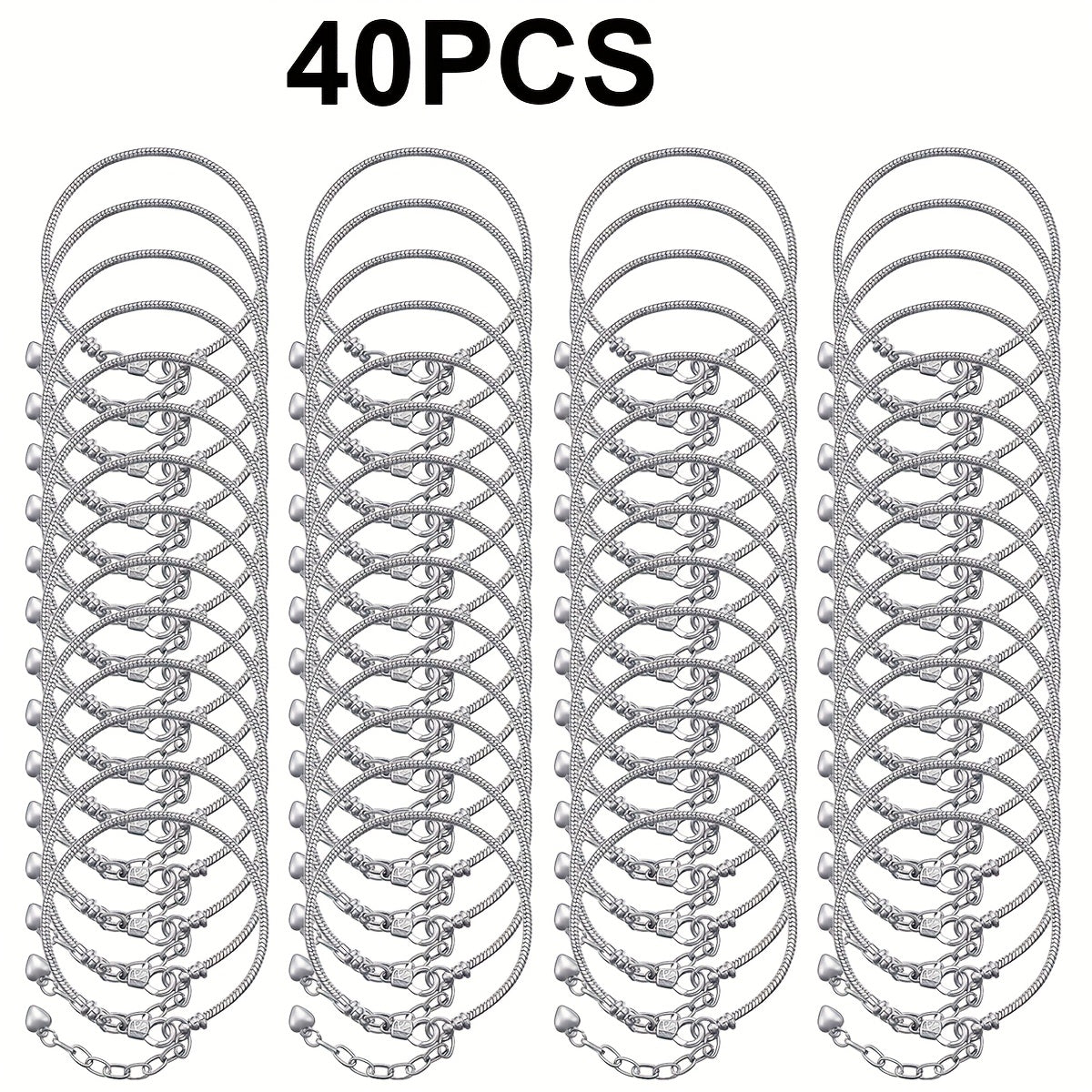 Snake Chain Bracelet Blanks 40pcs Set - Adjustable DIY Bead Pendant Bracelet with Heart Extension Chain for Jewelry Making, Craft Supplies Bulk