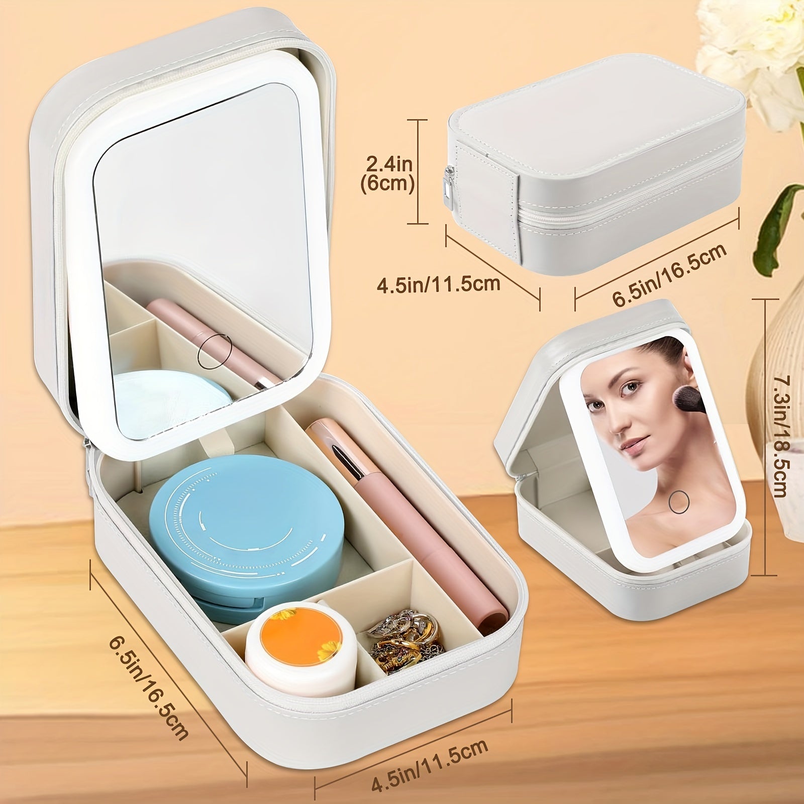 Jewelry Box, Travel Makeup Bag With LED Mirror, LED Three-Color Adjustable Makeup Mirror, Three Colors Brightness Adjustable Makeup Mirror With Lights, Rechargeable Lighted Makeup Mirror, Wedding, Anniversary Bridal Gifts, Mother'S Day Gifts
