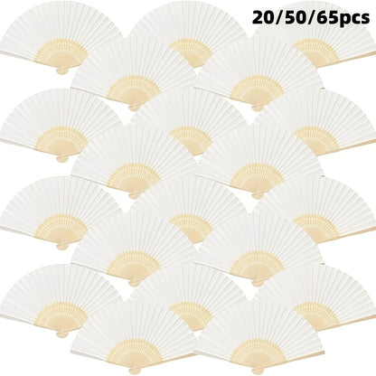 Paper Folding Fans Bulk White Handheld Bamboo Handle — 20/50/65 Pack for Wedding, Party, Cosplay, Dance Practice | DIY Blank Hand Fan Set