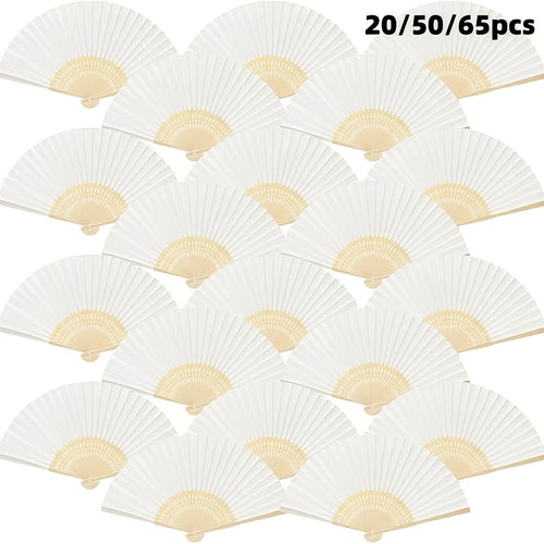 Paper Folding Fans Bulk White Handheld Bamboo Handle — 20/50/65 Pack for Wedding, Party, Cosplay, Dance Practice | DIY Blank Hand Fan Set