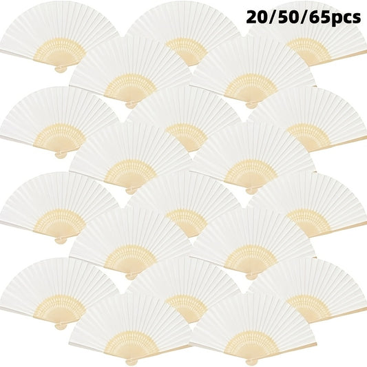 Paper Folding Fans Bulk White Handheld Bamboo Handle — 20/50/65 Pack for Wedding, Party, Cosplay, Dance Practice | DIY Blank Hand Fan Set