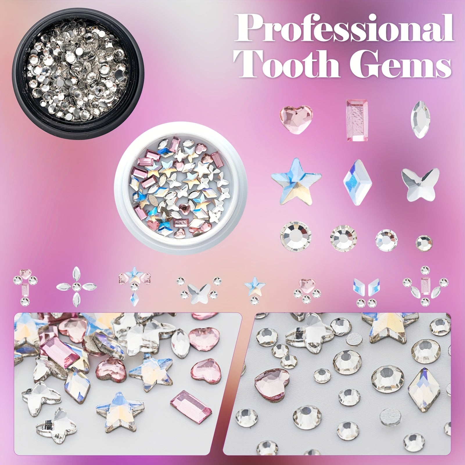 [Professional Tooth Gem Kit] WATRA Professional 260pcs Premium Multi Shaped Artificial Crystal Tooth Gem Kit | 2D Flat, Elegant Flat Back Crystals with Professional Applicator for A Chic, Refined Look, Grillz