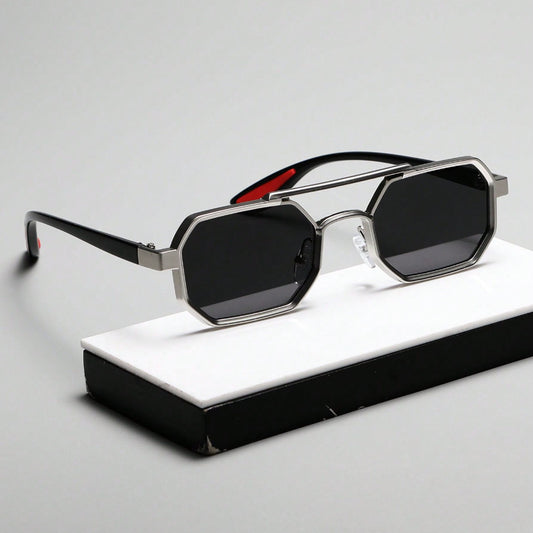 1pc Geometric Metal Frame Sunglasses with Double Bridge - Unisex Fashion Eyewear with AC Lenses for Casual Looks