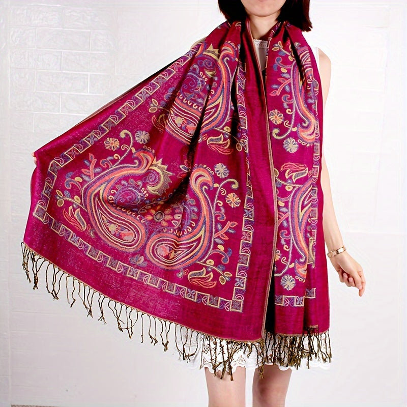 Brightly Colored Paisley Patterned Burgundy Scarf - Cozy, Warm, And Adaptable Neck Wrap Ideal for Travel, Music Festivals, And Daily Fashion - Ethnic-Inspired Shawl with Fringe Accents