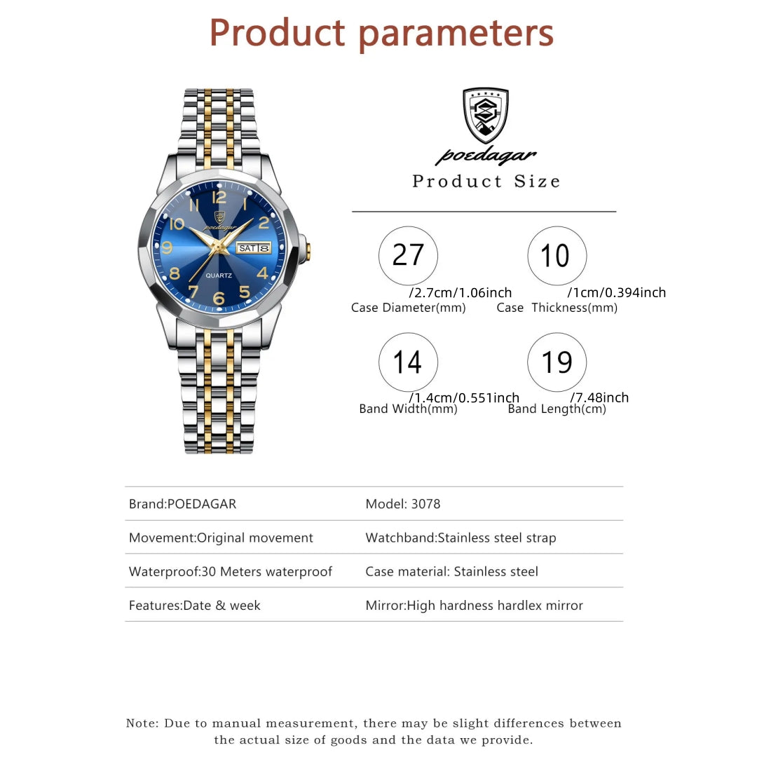 POEDAGAR 3078 Ladies' Fashion Watch, 3ATM, Casual Style, Stainless Steel Band
