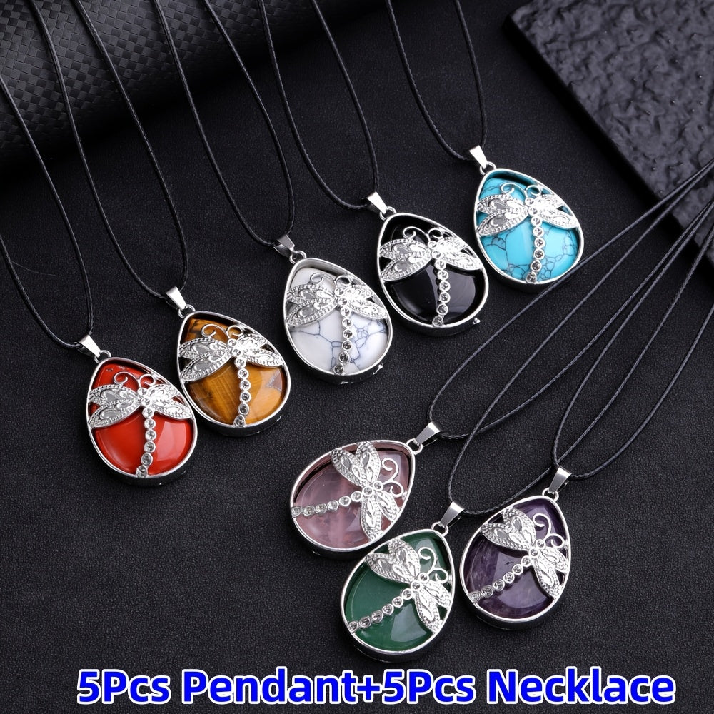 Pendant Necklace Set 10pcs – Dragonfly Charm with Natural Water Drop Stone, 5 Pendants + 5 Adjustable Rope Necklaces, Boho Jewelry Gift for Women