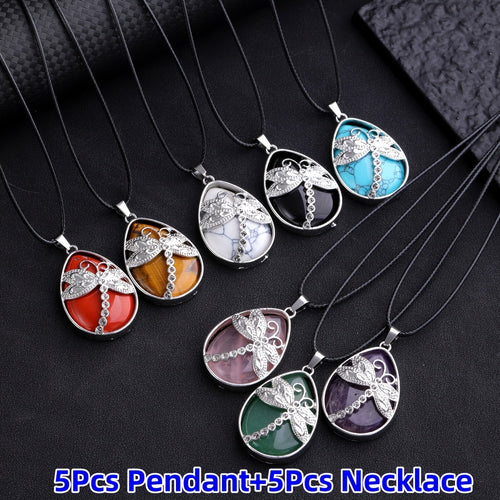 10pcs Dragonfly Pendant Necklace Set, Natural Water Drop Shaped-5pcs Pendant with 5pcs Adjustable Necklace Rope Can Be Used to Give Your Female