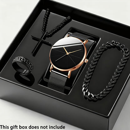 Men's Quartz Watch & Bracelet Set | 4-Piece Elegant Gift Set with Alloy Case, Round Dial – Sports, Casual & Business Style in Silver, Rose Gold & Black