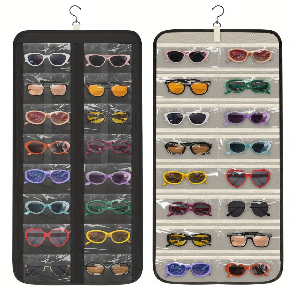 Hanging Fashion Glasses Organizer, -Sided Glasses Case and Jewelry Storage Holder, Wall-Mounted, 32 Clear Slots, Dust-Proof for Travel