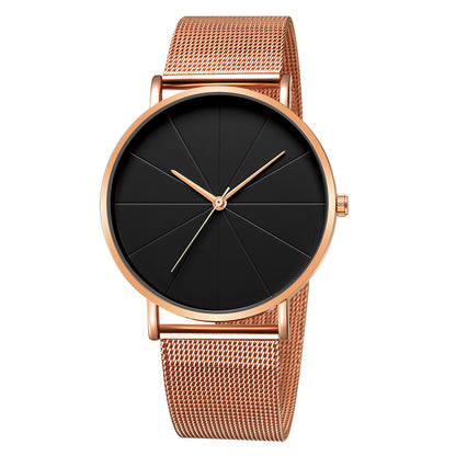 Minimalist Large Dial Watch for Men & Women - Rose Gold Case Mesh Strap Japanese Quartz Movement, Elegant Analog Zinc Alloy Unisex Dress Watch in Black Rose Gold