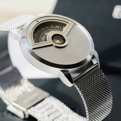 Minimalist No-Hands Quartz Watch with Stainless Steel Strap - Contemporary Industrial Design Unisex Wristwatch for Men & Women, Unique Sleek Timepiece for Everyday & Formal Wear