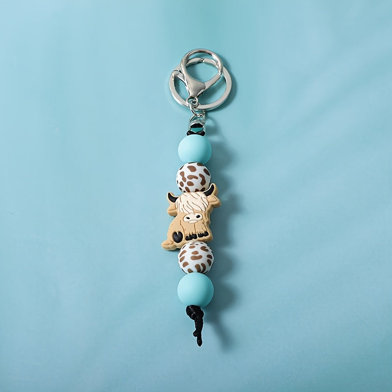 2pcs/set Vintage Cartoon Mint Green Yak Keychain Pendant Western Cowboy Style Handmade Beaded Keychain Bag Clasp Fringed Wrist Key Ring Accessory Perfect Gift for Friends