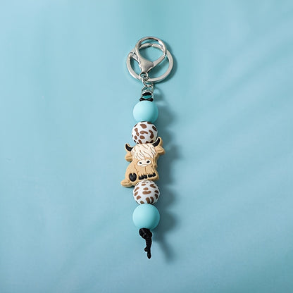 Western Beaded Keychain Set 2 Pcs - Vintage Cowboy Style Handmade Fringe Wristlet Keyring with Cartoon Yak Pendant, Boho Bag Charm Accessory Cute Gift for Friends Women