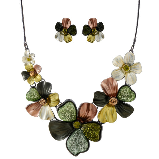 Boho Bib Necklace & Earring Set - Chunky Green Floral Leaf Vintage Statement Jewelry for Women, Bohemian Costume Jewelry for Wedding, Party & Prom, Unique Gift Set