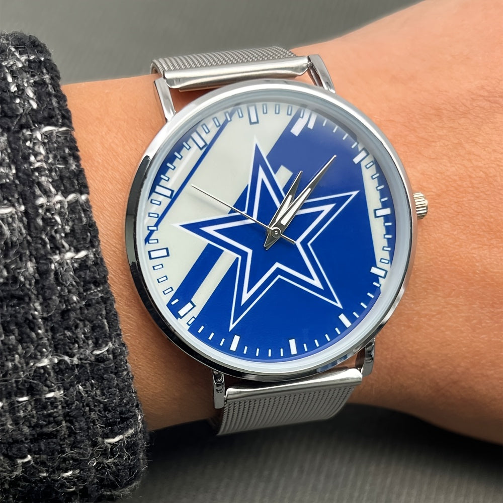 New Elegant Minimalist Men's Watch, Creative Five-pointed Star Dial, Silvery Mesh Strap Quartz Wristwatch, The Best Gift